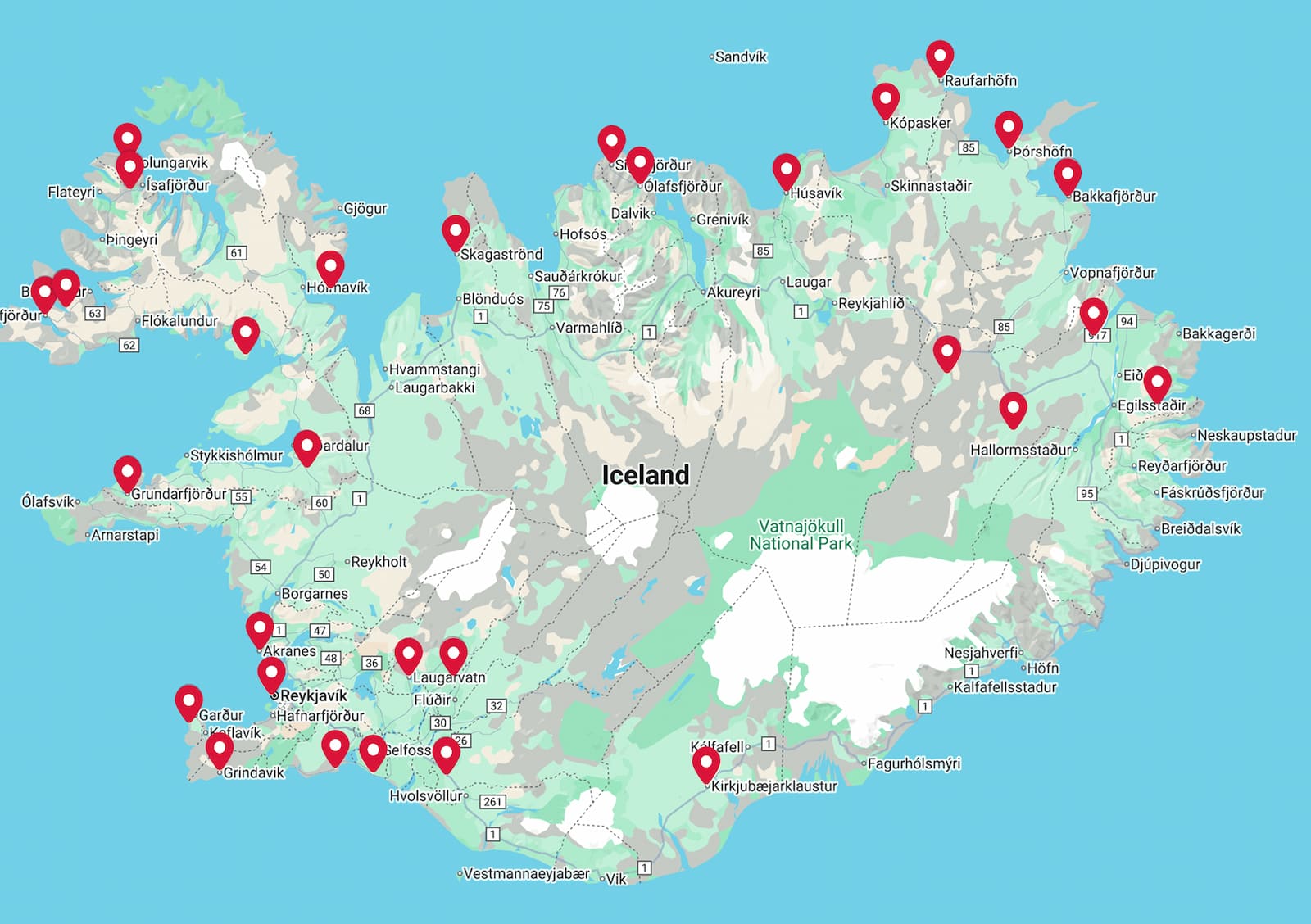 Map of Iceland showing campsite locations